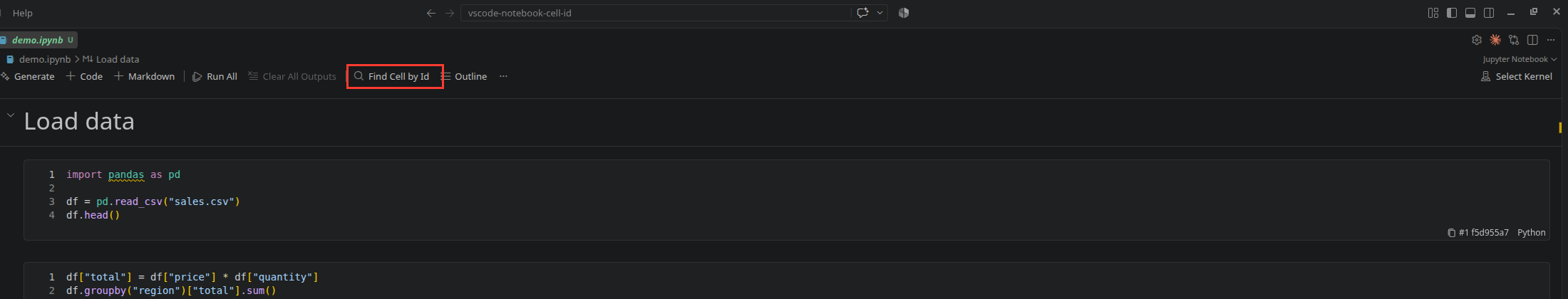 The notebook toolbar with a highlighted “Find Cell by Id” button between “Clear All Outputs” and “Outline”