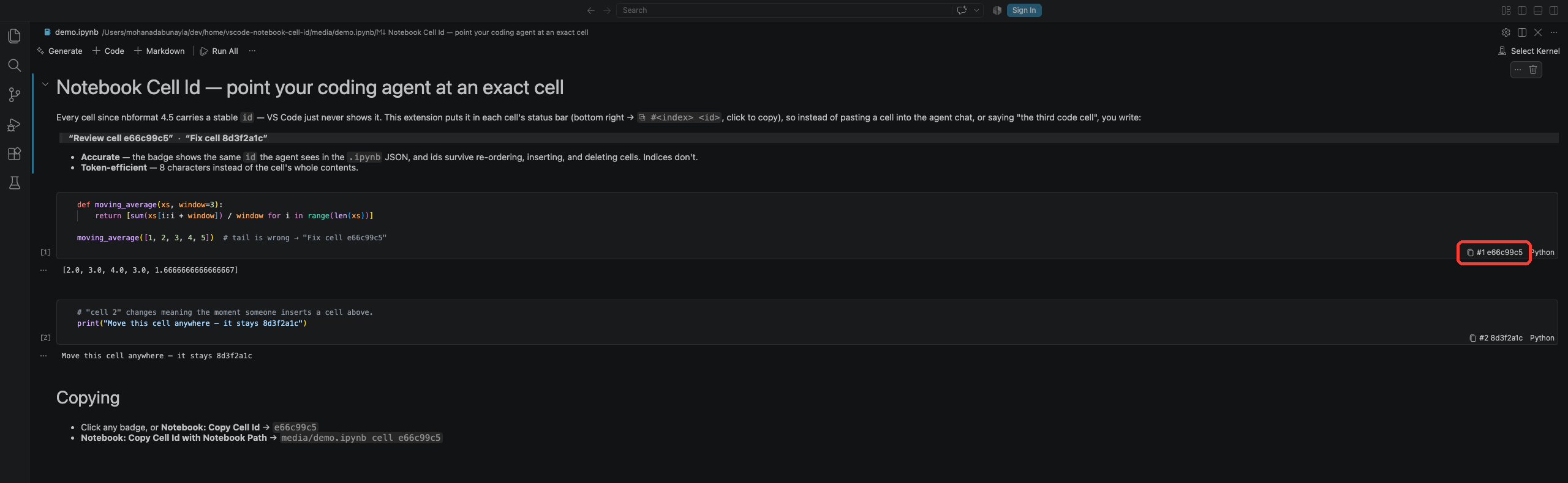 A notebook in VS Code with each cell’s nbformat id shown in its status bar; the badge of one cell is highlighted